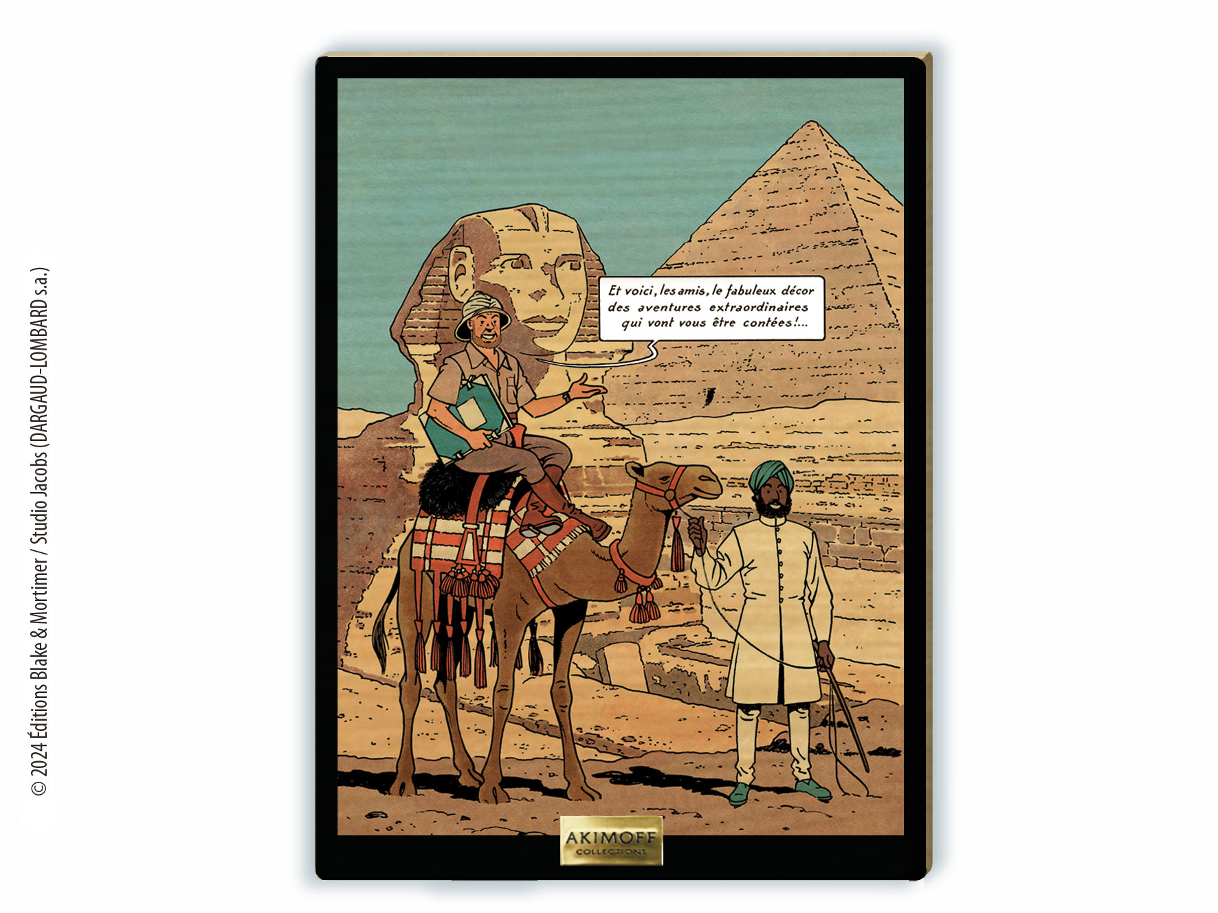 TABLEAU DE COLLECTION EN BOIS - BLAKE ET MORTIMER - MORTIMER SUR UN CHAMEAU DEVANT LE SPHINX