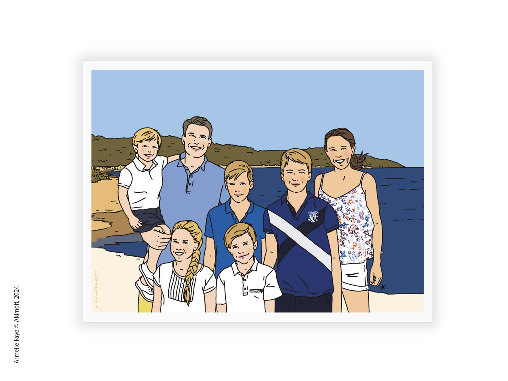 Illustration portrait de famille 7 personnes papier fine art + paysage