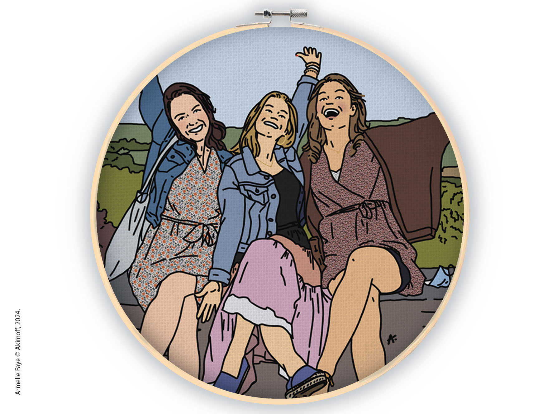 Illustration portrait de famille 3 personnes + paysage toile canvas sur tambourin