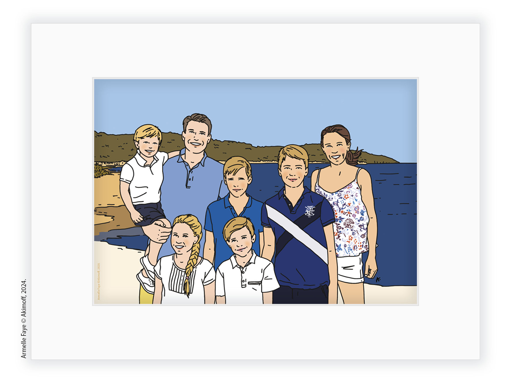 Illustration portrait de famille 7 personnes papier fine art + paysage + marie louise