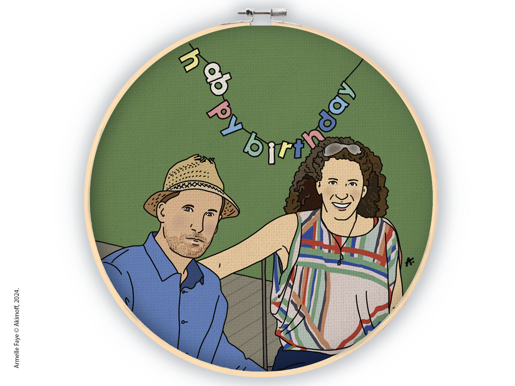 Illustration portrait de famille 2 personnes toile canvas sur tambourin