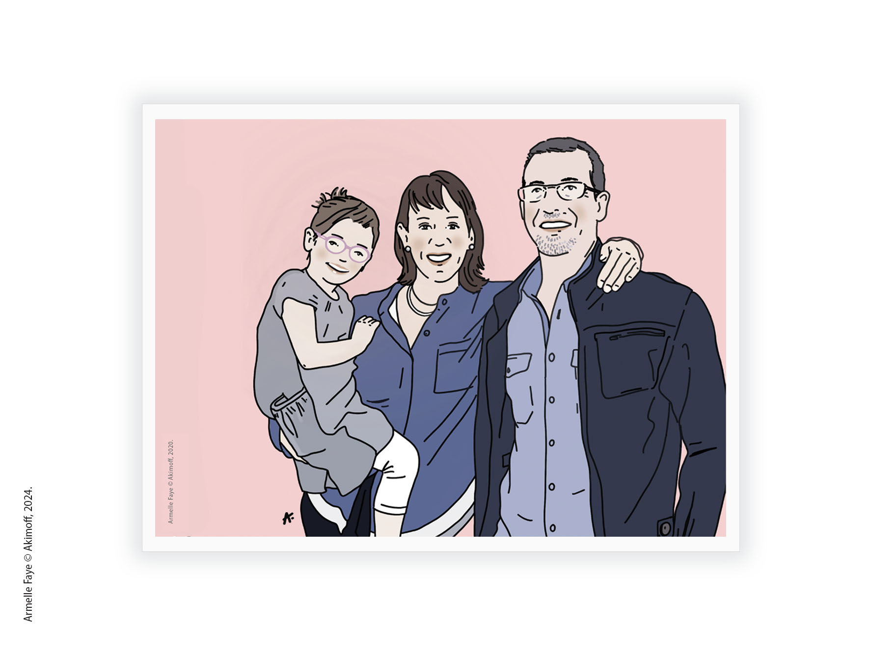 Illustration portrait de famille 3 personnes papier fine art