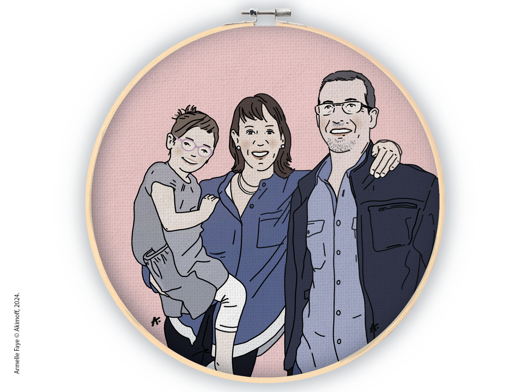 Illustration portrait de famille 3 personnes toile canvas sur tambourin