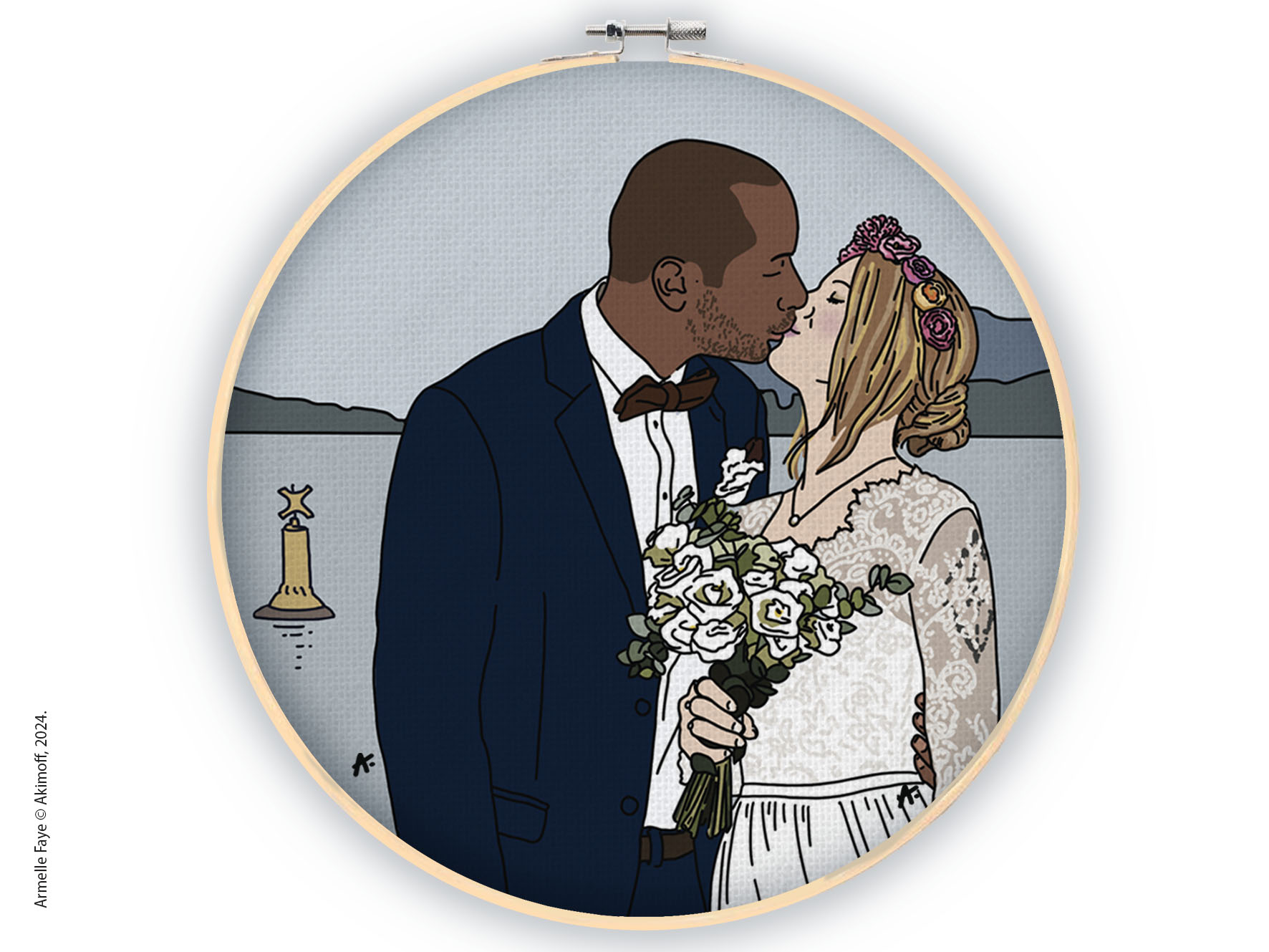 Illustration portrait de famille 2 personnes toile canvas sur tambourin + paysage
