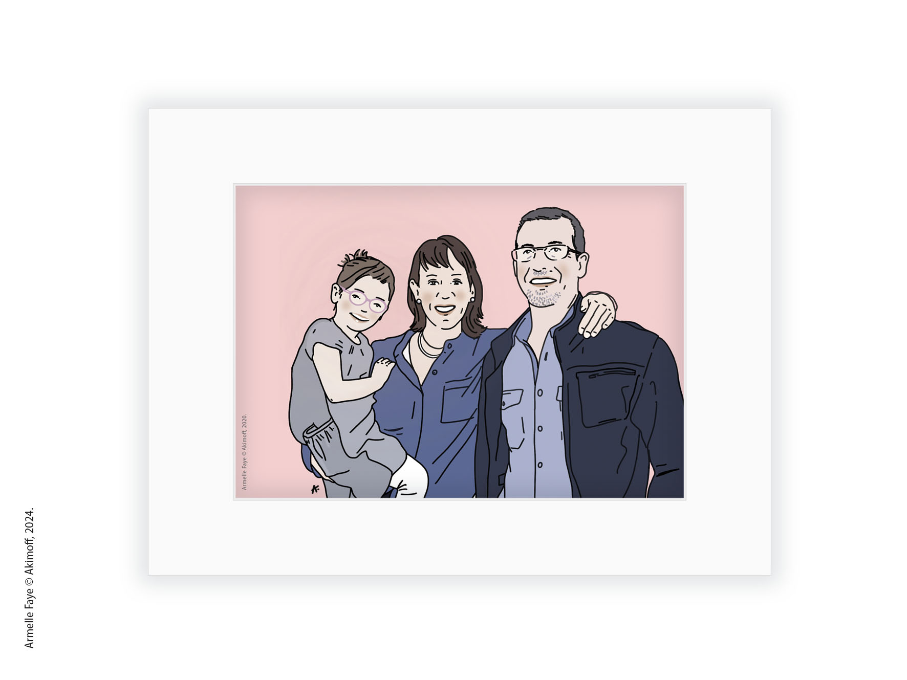 Illustration portrait de famille 3 personnes papier fine art + marie louise