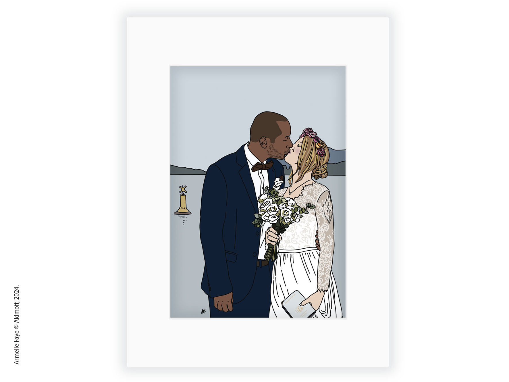 Illustration portrait de famille 2 personnes papier fine art + paysage + marie louise