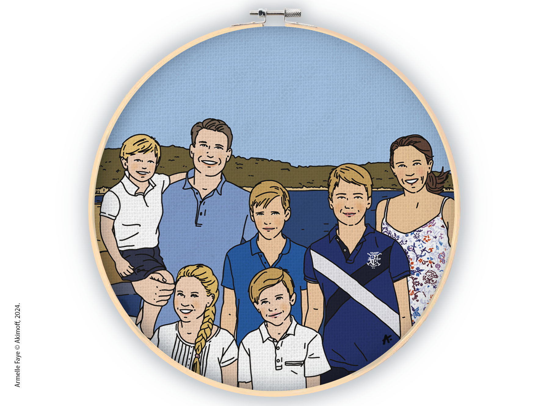 Illustration portrait de famille 7 personnes + paysage toile canvas sur tambourin