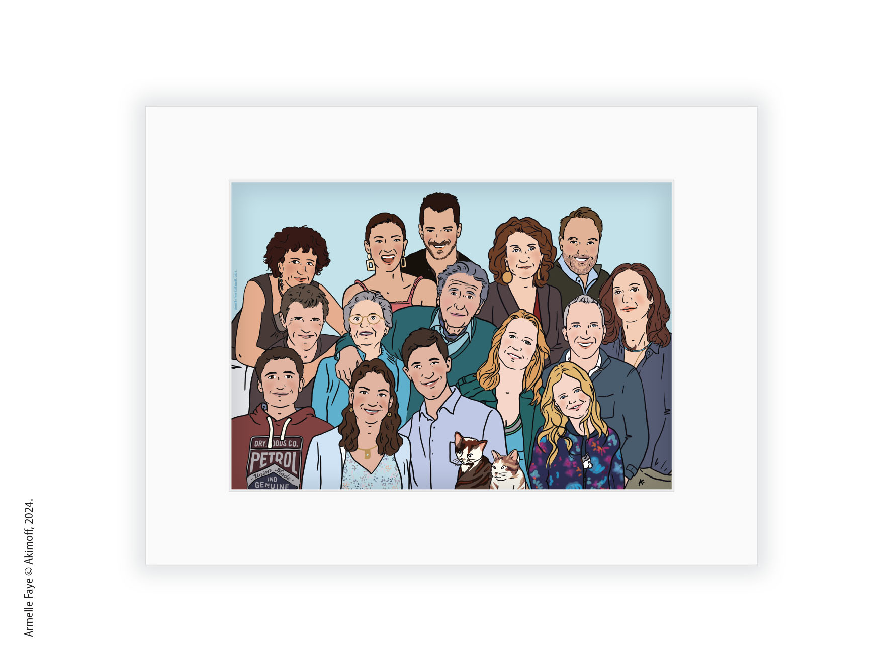 Illustration portrait de famille 15 personnes papier fine art + 2 chats + marie louise