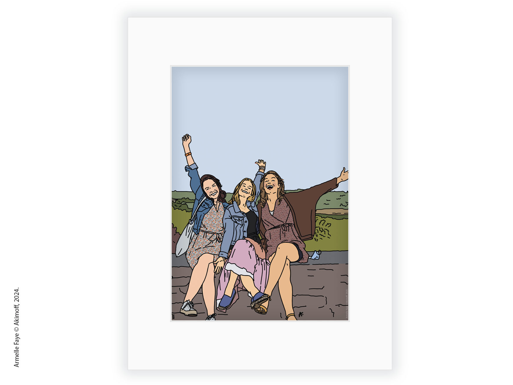 Illustration portrait de famille 3 personnes papier fine art + paysage + marie louise