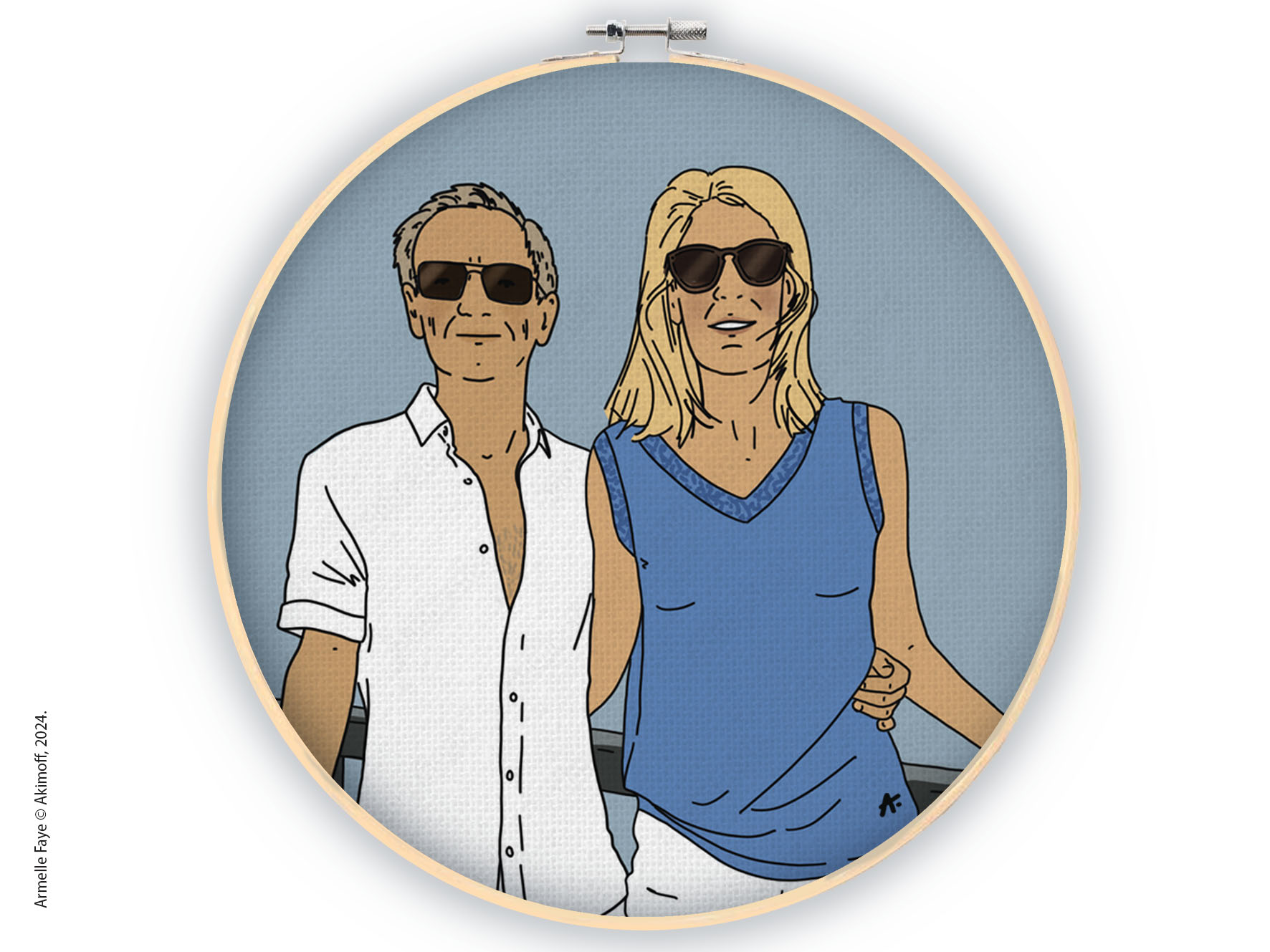 Illustration portrait de famille 2 personnes toile canvas sur tambourin